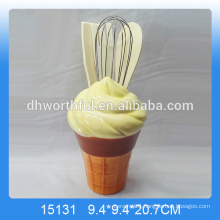 Decorative ceramic utensil holder with ice cream shape for wholesale